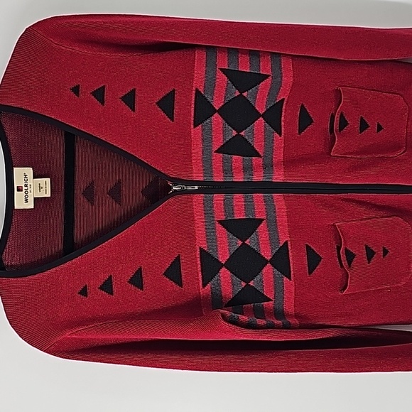 Woolrich Elegant Ruby Red Aztec Design Zip Front Sweater - Picture 1 of 16